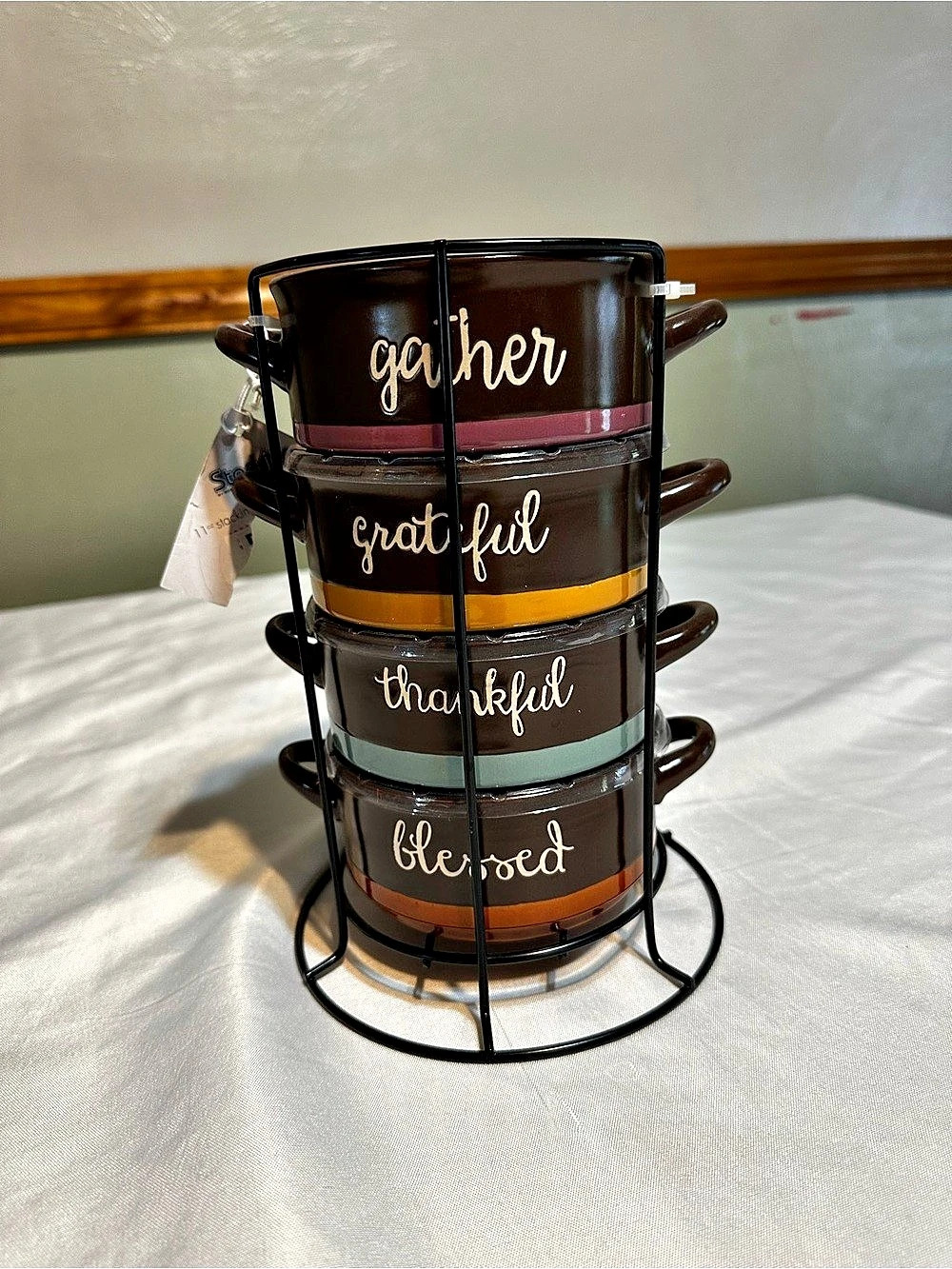 Boston Warehouse Gather Grateful Thankful Blessed 4-bowl Set with Rack in Brown